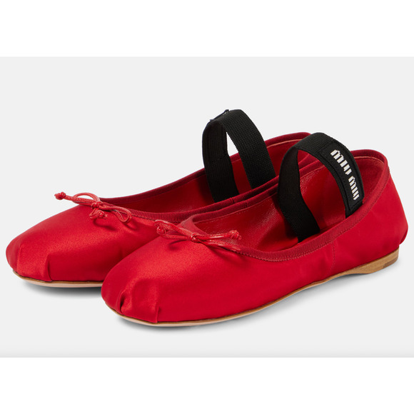 Miu Miu Satin Rosso Red Black White Logo Strap Bow Ballet Ballerina Flats 39 - Picture 14 of 16
